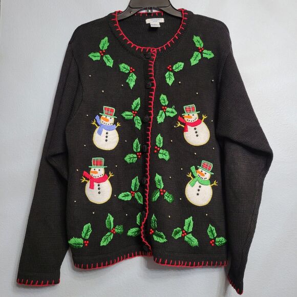 VTG Ship N Shore Christmas Cardigan Sweater Snowman Holly Beaded Embroidered XL - Picture 1 of 9